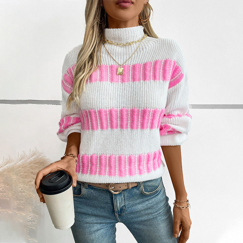 Women's Striped Pullover Fashionable Loose Mock Neck Sweater