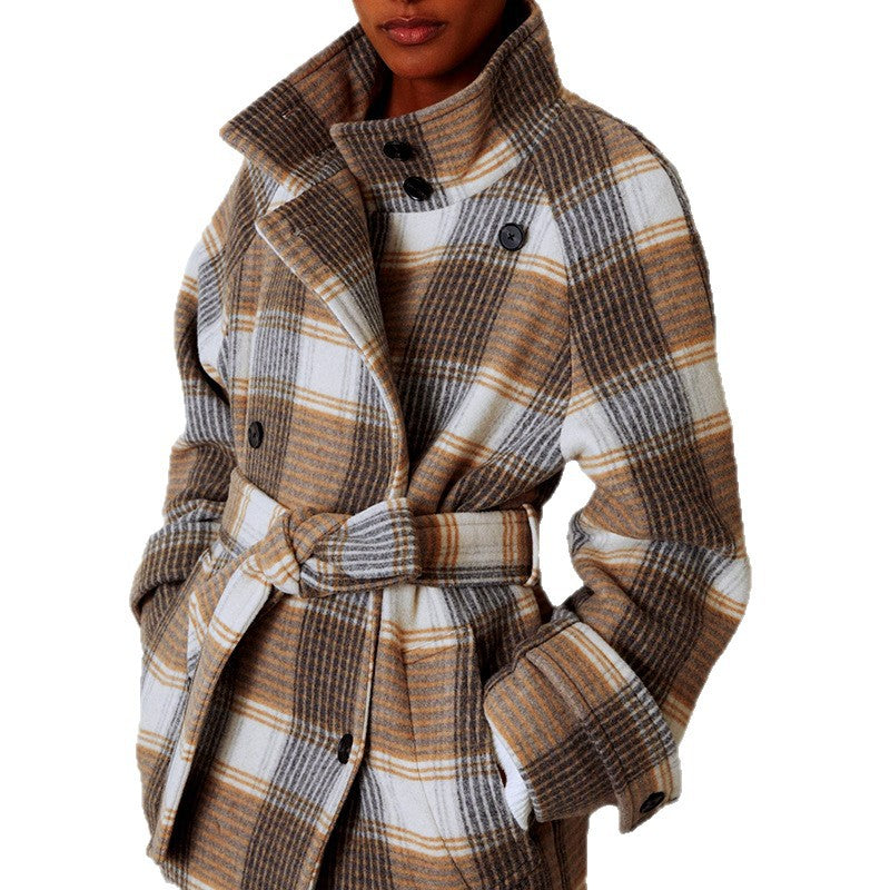 Women's Contrast Color Plaid Winter Lace Up Coats