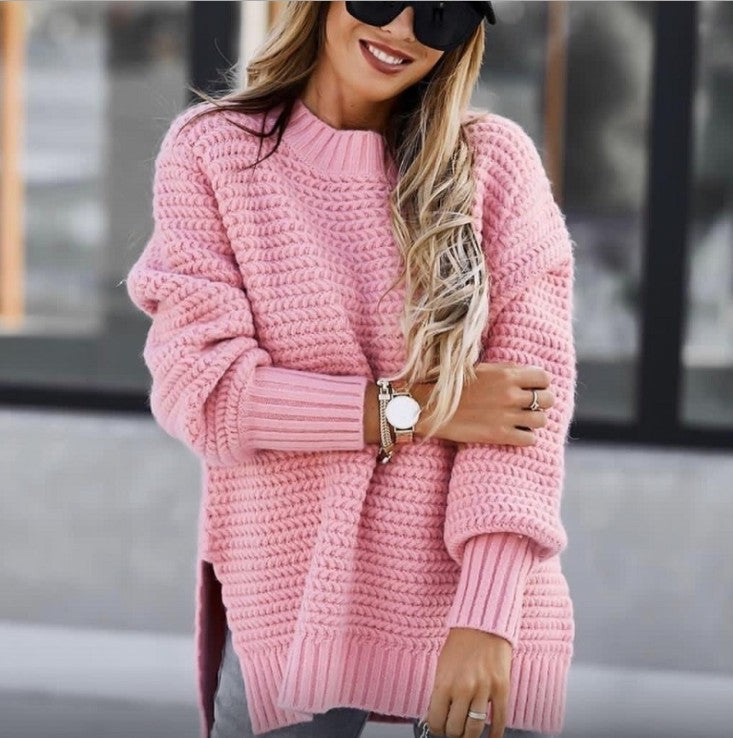 Women's Turtleneck Loose-fitting Solid Color Long Sleeves Side Slit Knitted Sweater