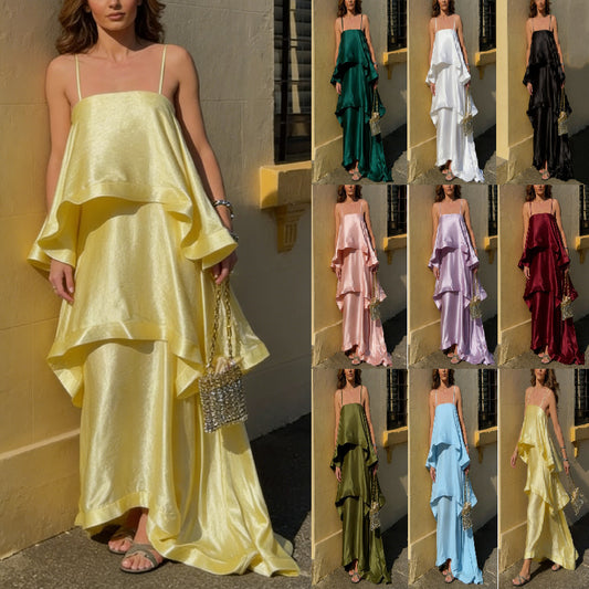 Satin Sling Layered Cake Leisure Loose Dress