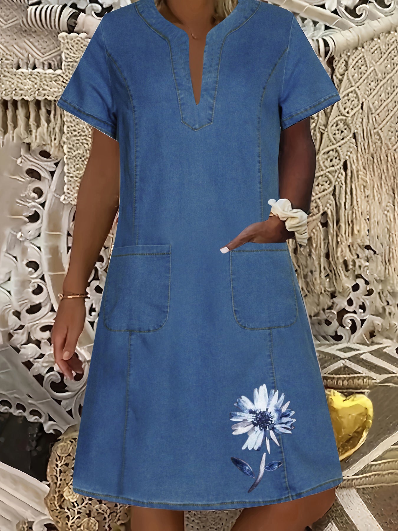 Women's Denim Dress Dark Blue Thin Pocket Dresses