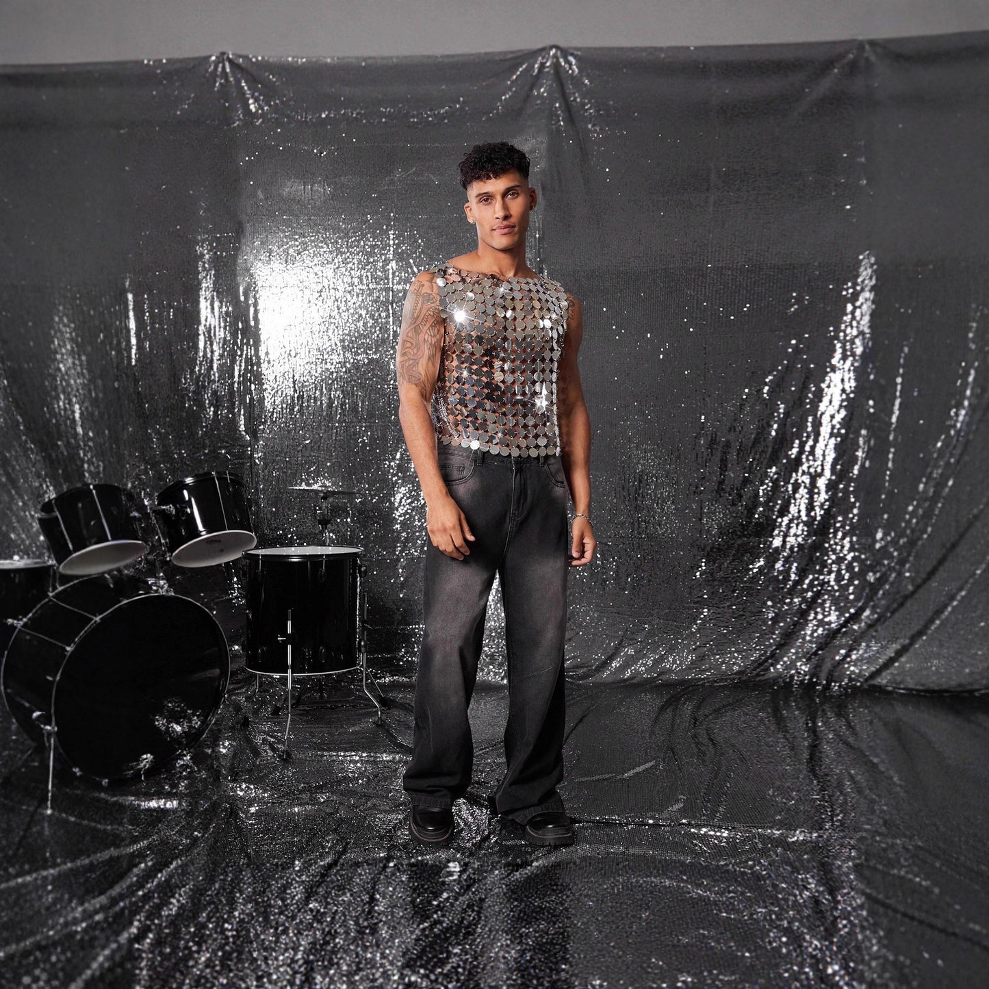 Men's Nightclub Sexy Handmade Sier Sequin Metal Tops