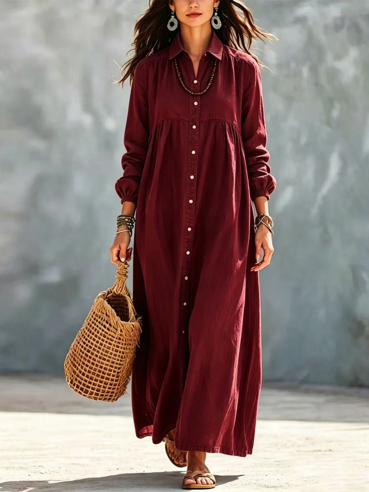 Women's Color Shirt Loose Button Lapel Casual Long Dress