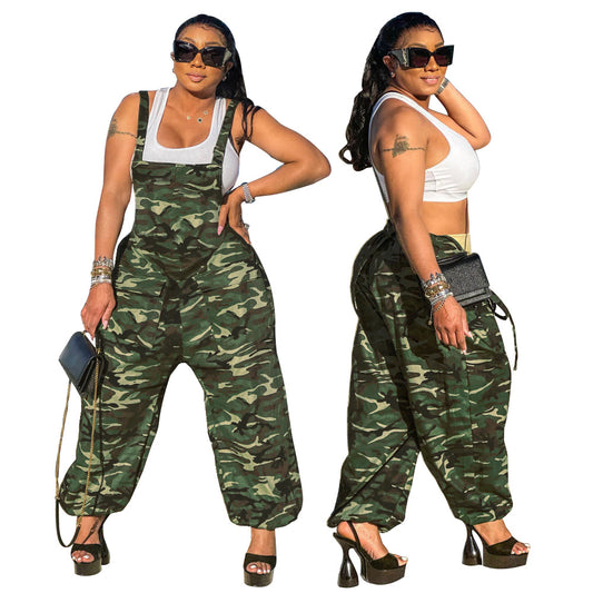 Women's Summer Fashion Strap Camouflage Digital Printing Jumpsuits