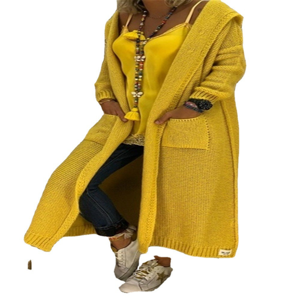 Women's Lazy Loose Long Pocket Hooded Knit Sweaters