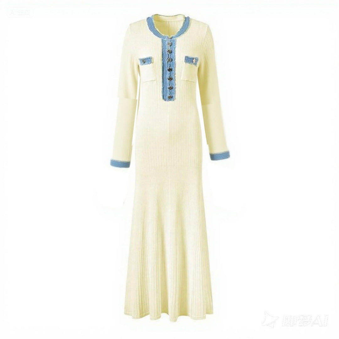 Denim Long-sleeved Knitted Simple Round Neck Slimming Dress