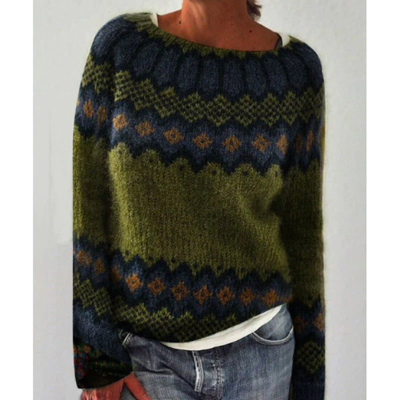 Women's Tibetan Wolf Round Neck Loose Fashion Pullover Color Matching Dark Sweaters