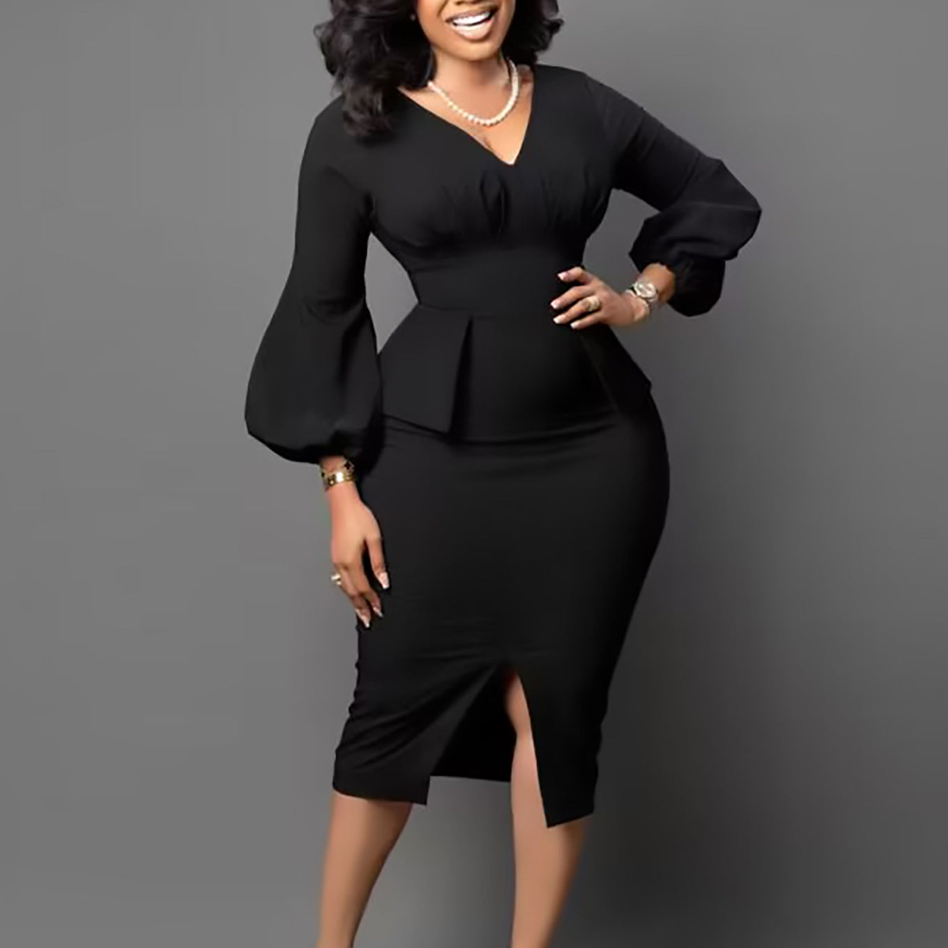 Women's Puff Sleeve Slit Pencil African Dress