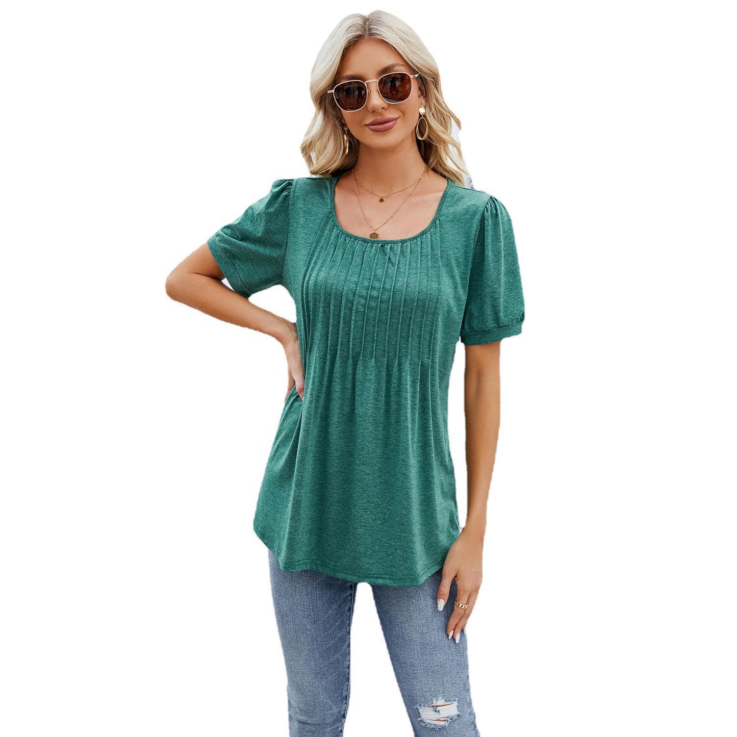 Women's Round Neck Strip Loose Sleeve T-shirt Tops