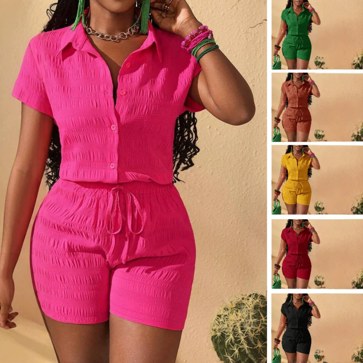 Women's African Black Stand Collar Button Sleeve Colorful Two-piece Shorts