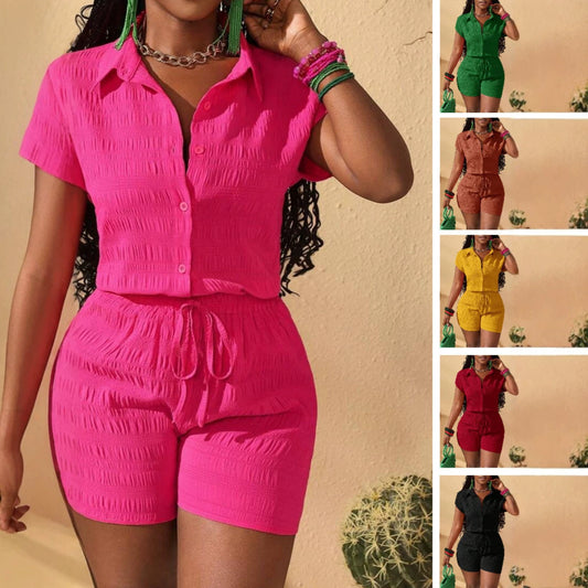 Women's African Black Stand Collar Button Sleeve Colorful Two-piece Shorts
