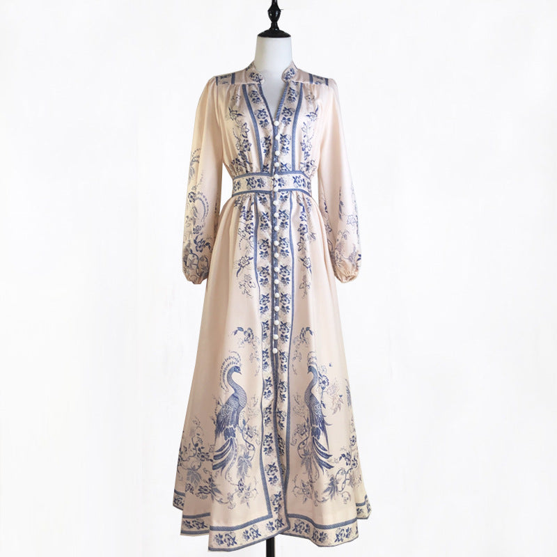 Women's Printed Vacation Style Single Breasted Long Sleeve Dresses