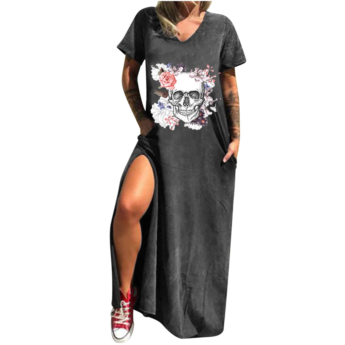 Skull Print Street Fashion Sleeve Slit Shorts