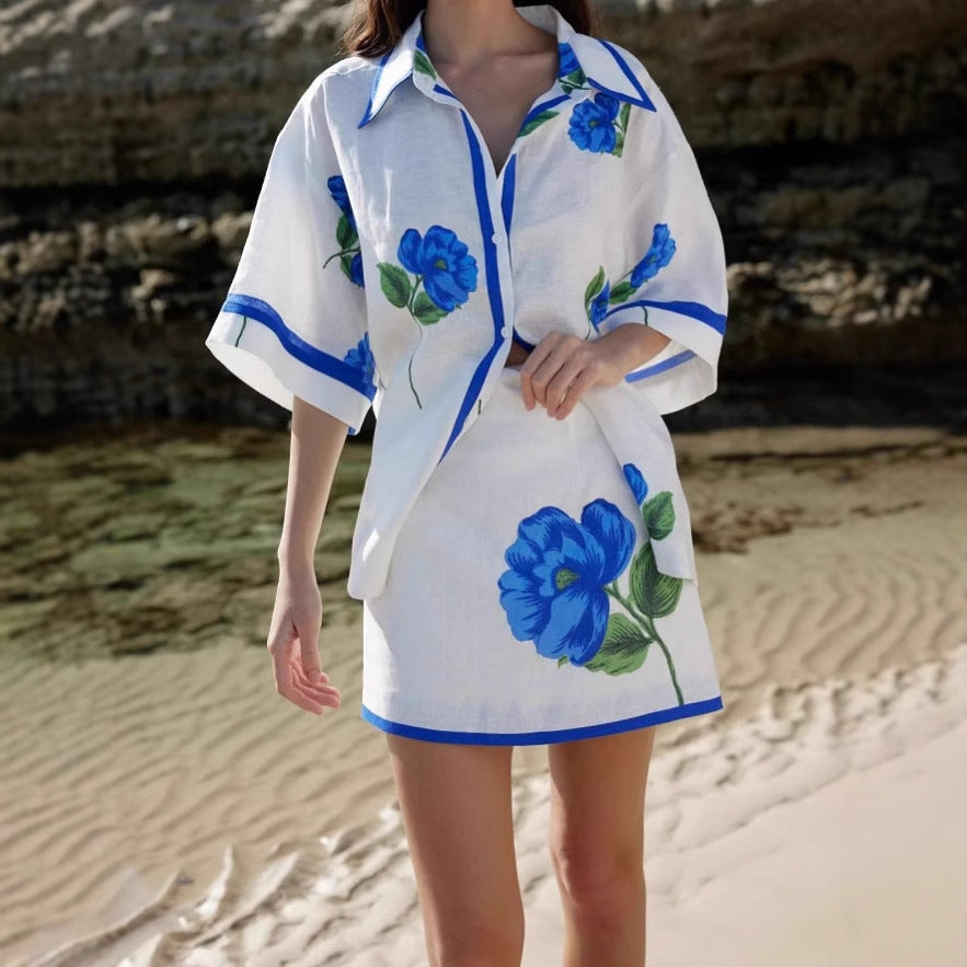 Women's Summer Positioning Printed Linen Short-sleeved Shirt Fashion Casual Suit