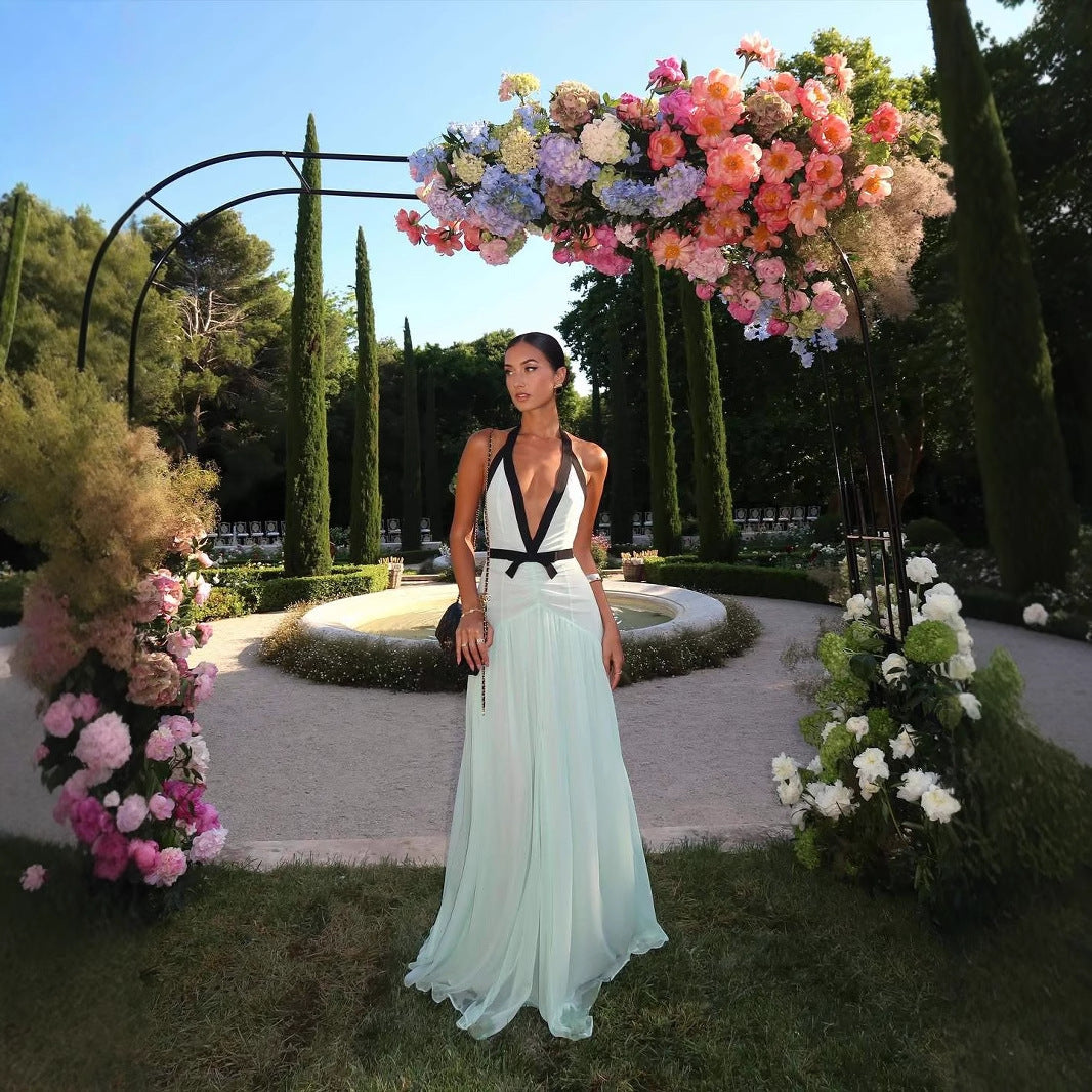 Women's Sexy Contrast Color Sleeveless Bow Suspenders Dresses