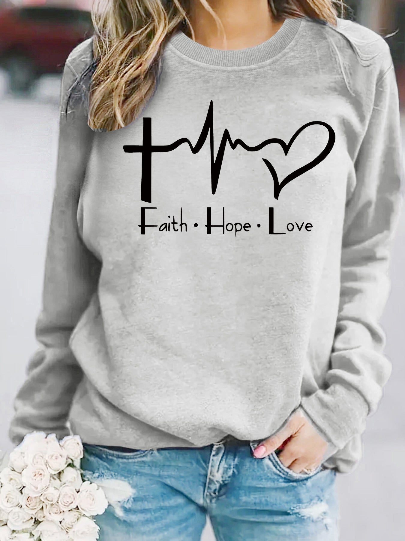 Women's Loose Casual Faith Hope Love Jump Printed Wear Round Neck Women's Sweater, Sweater