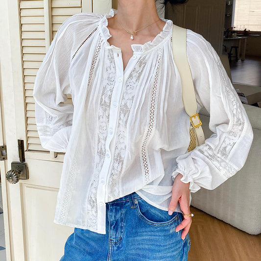 Women's Autumn French Style Cotton Shirt Long Blouses