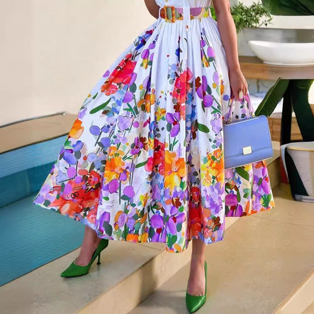 Collar Large Swing Positioning Flower Print Dresses