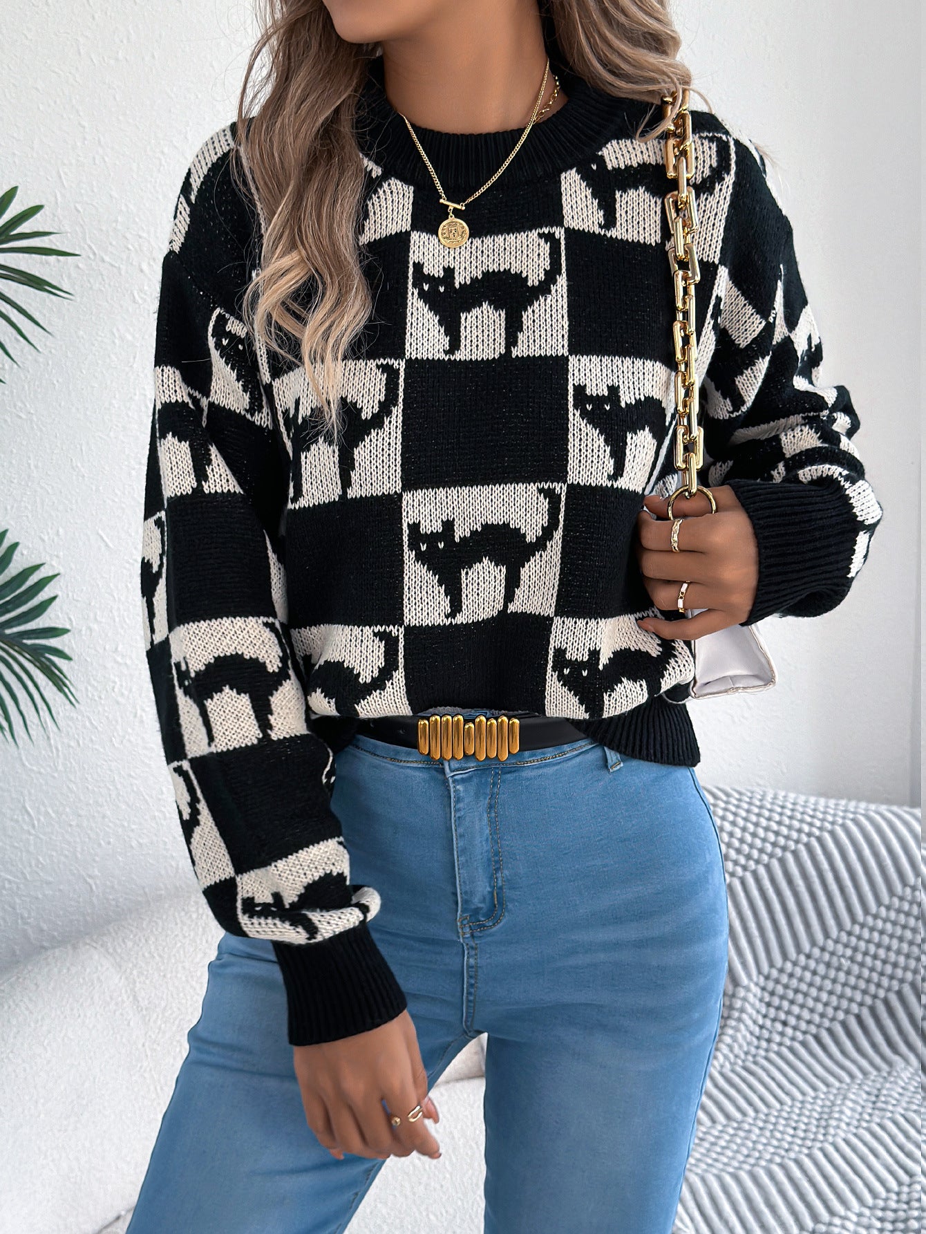 Women's Halloween Plaid Lantern Long Sleeve Pullover Sweater