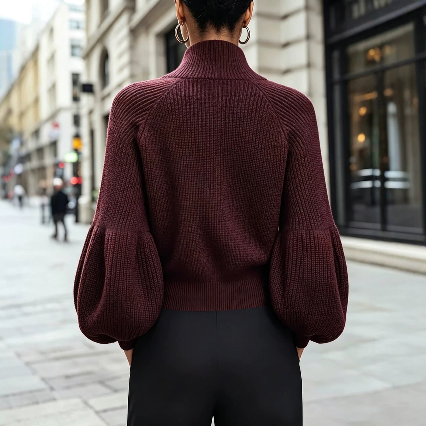 Women's High Stand Collar Zipper Knitted Thick Fluffy Women's Sweater