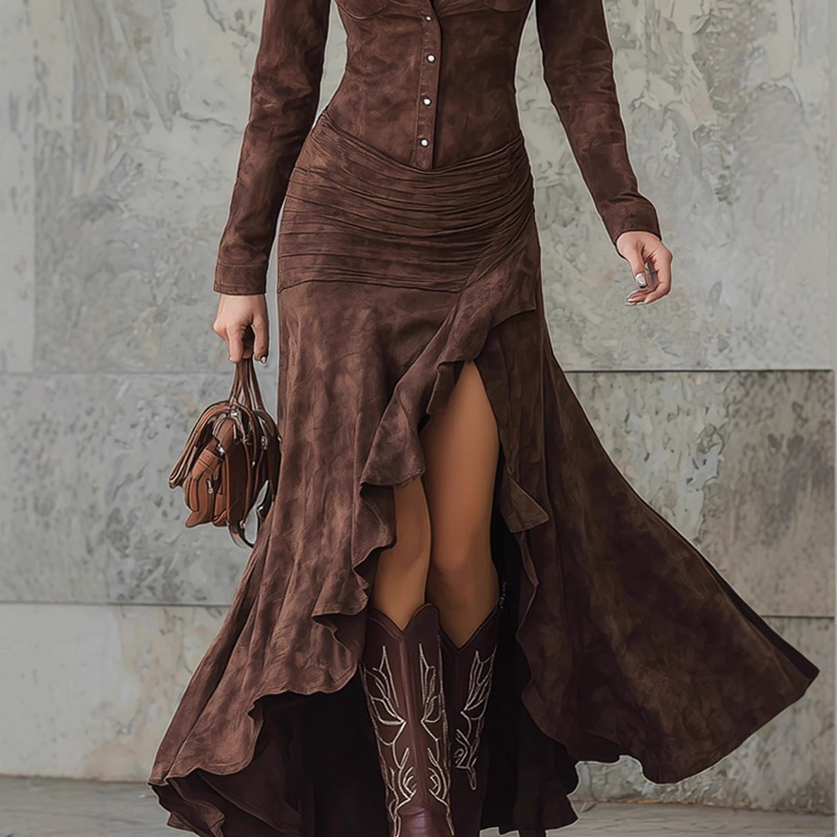 Zipper Stand Collar Split Long Dress Dresses