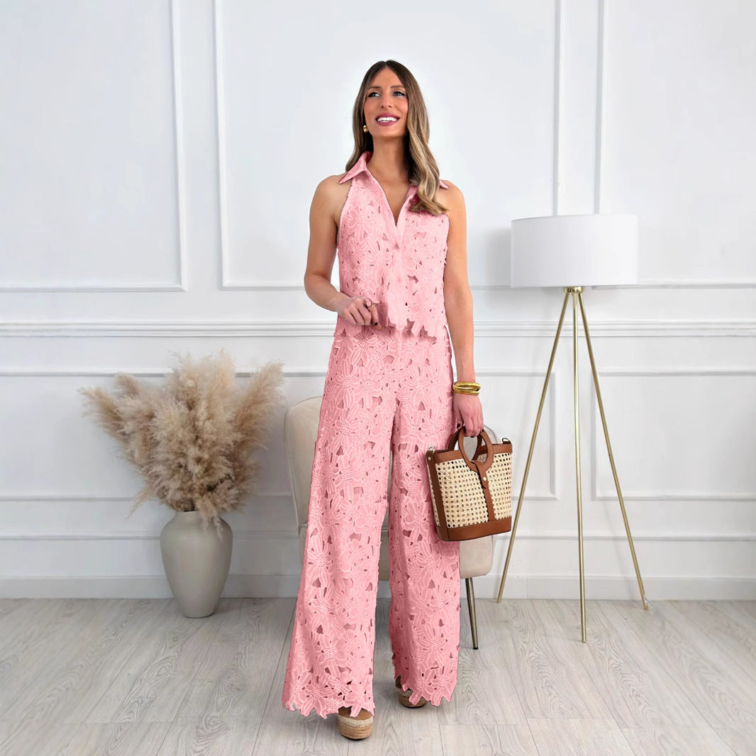 Summer French Style Embroidered Hollow Straight Suits