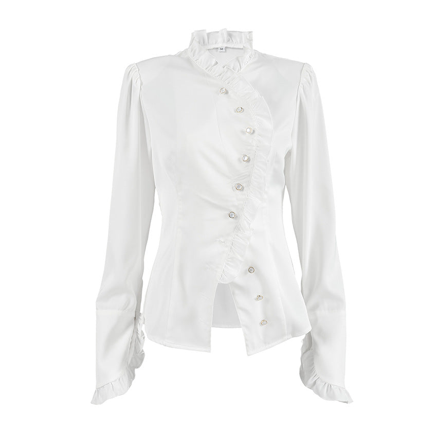 Women's Ruffled Long-sleeved Court Style Fashion Wooden Blouses