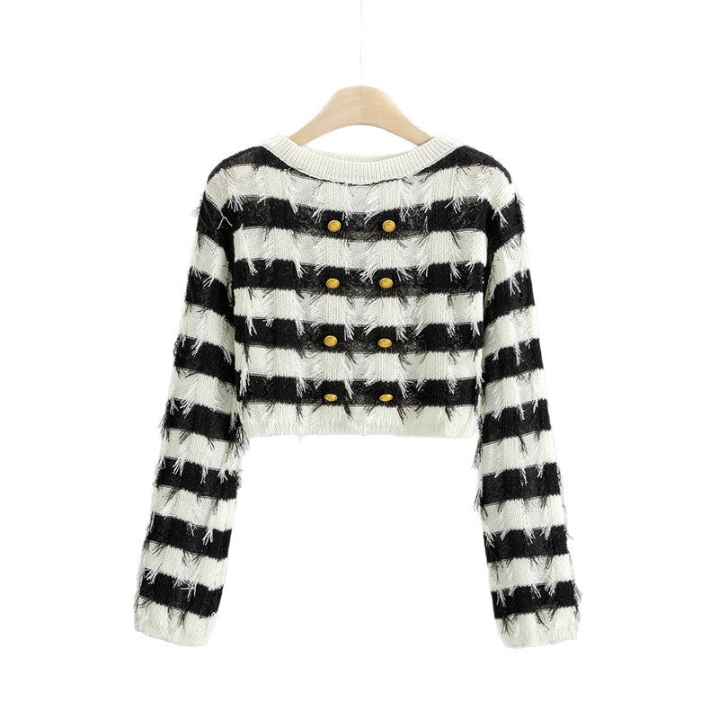 Women's Knitted Long-sleeved Niche Tassel Striped Pullover Round Shorts