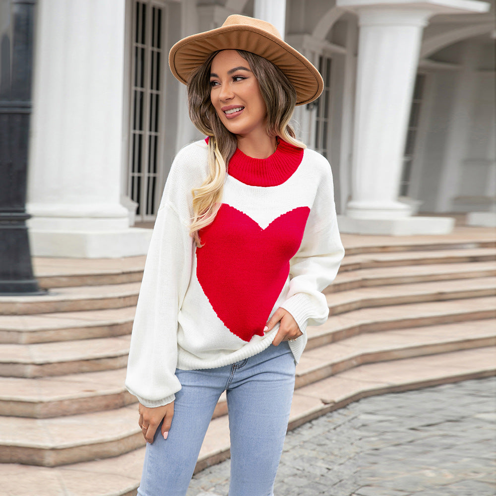 Women's Big Love Valentine's Day Peach Heart Round Neck Sweater