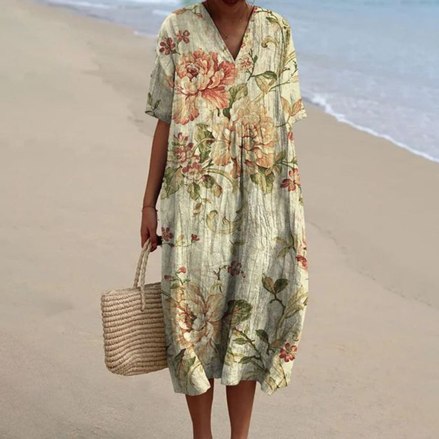 Women's Pocket Sleeve Dress Floral Plant Vacation Dresses