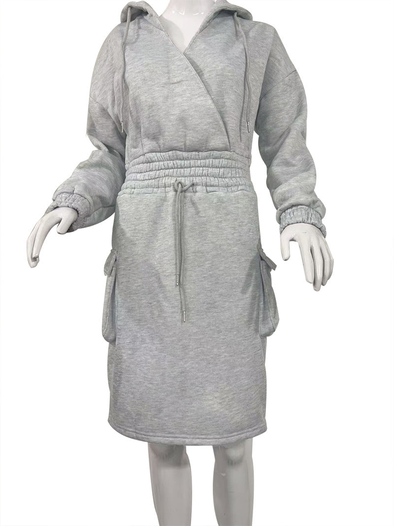 Women's Solid Color Dress Elegant Hooded Drawstring Sweatshirt Dresses