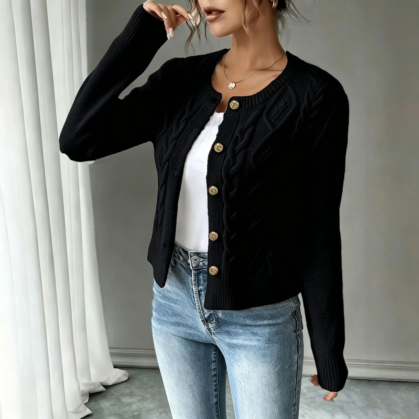 Women's Fashion Wear Slimming Single-breasted Knitted Long-sleeved Sweaters