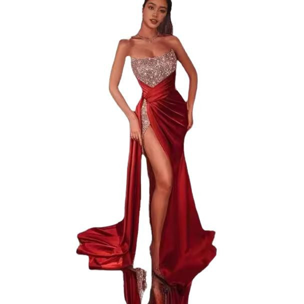 Women's Sequined Slit Long Dress Sexy Tube Dresses