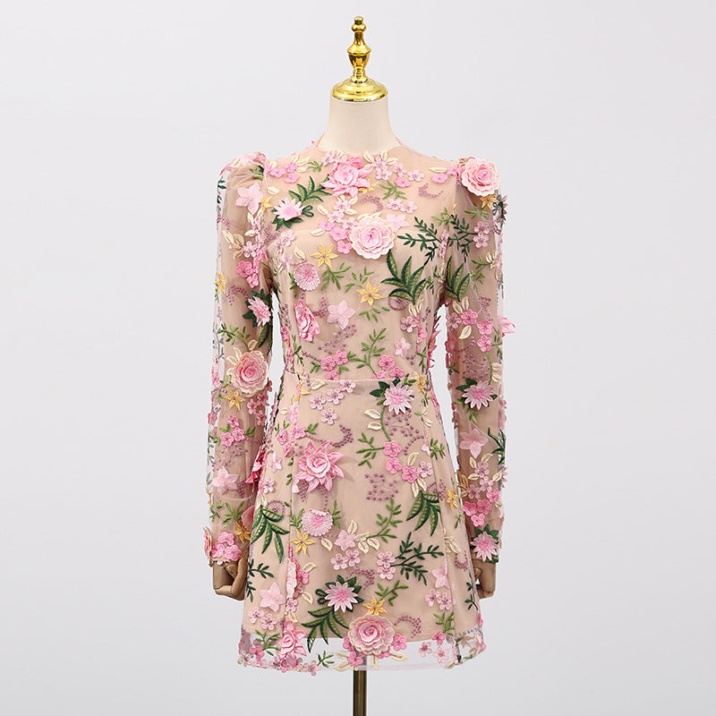 Women's Three-dimensional Flower Embroidered Slim Long Sleeve Dresses