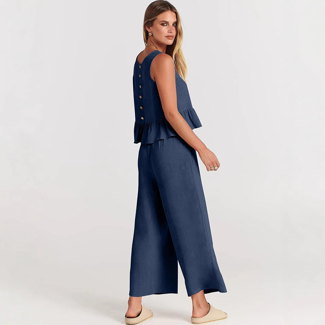 Women's Summer Sleeveless Pleated Wide Leg Cropped Suits