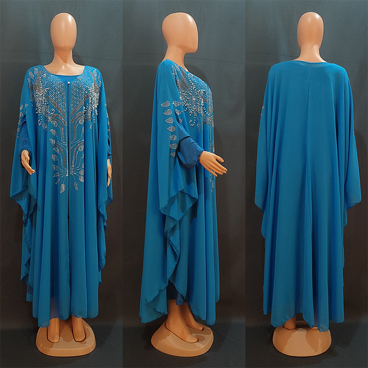 Women's African Dress Chiffon Rhinestone Robe Muslim Dresses