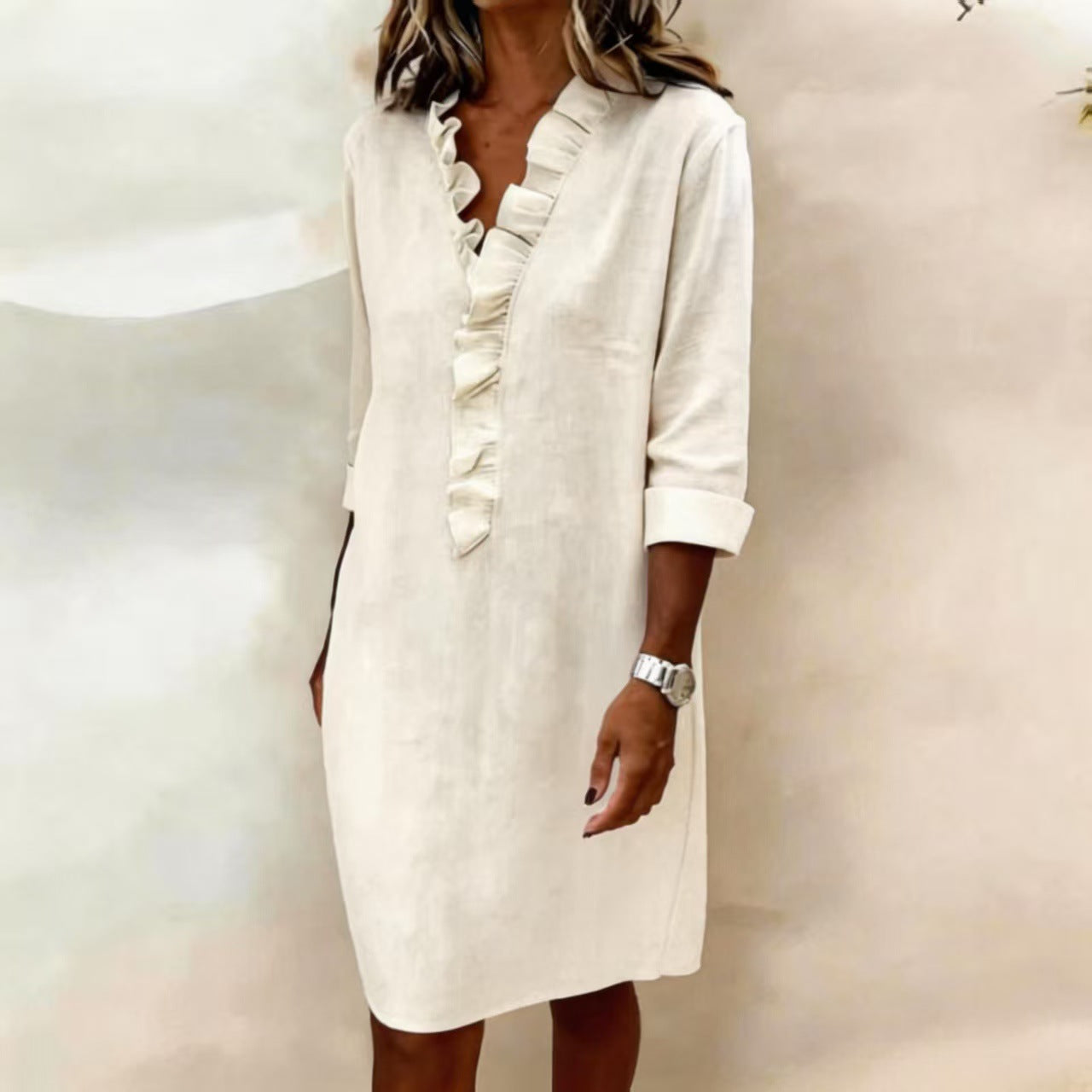 Women's Slimming Wooden Ear Long Sleeve Cotton Linen Dress