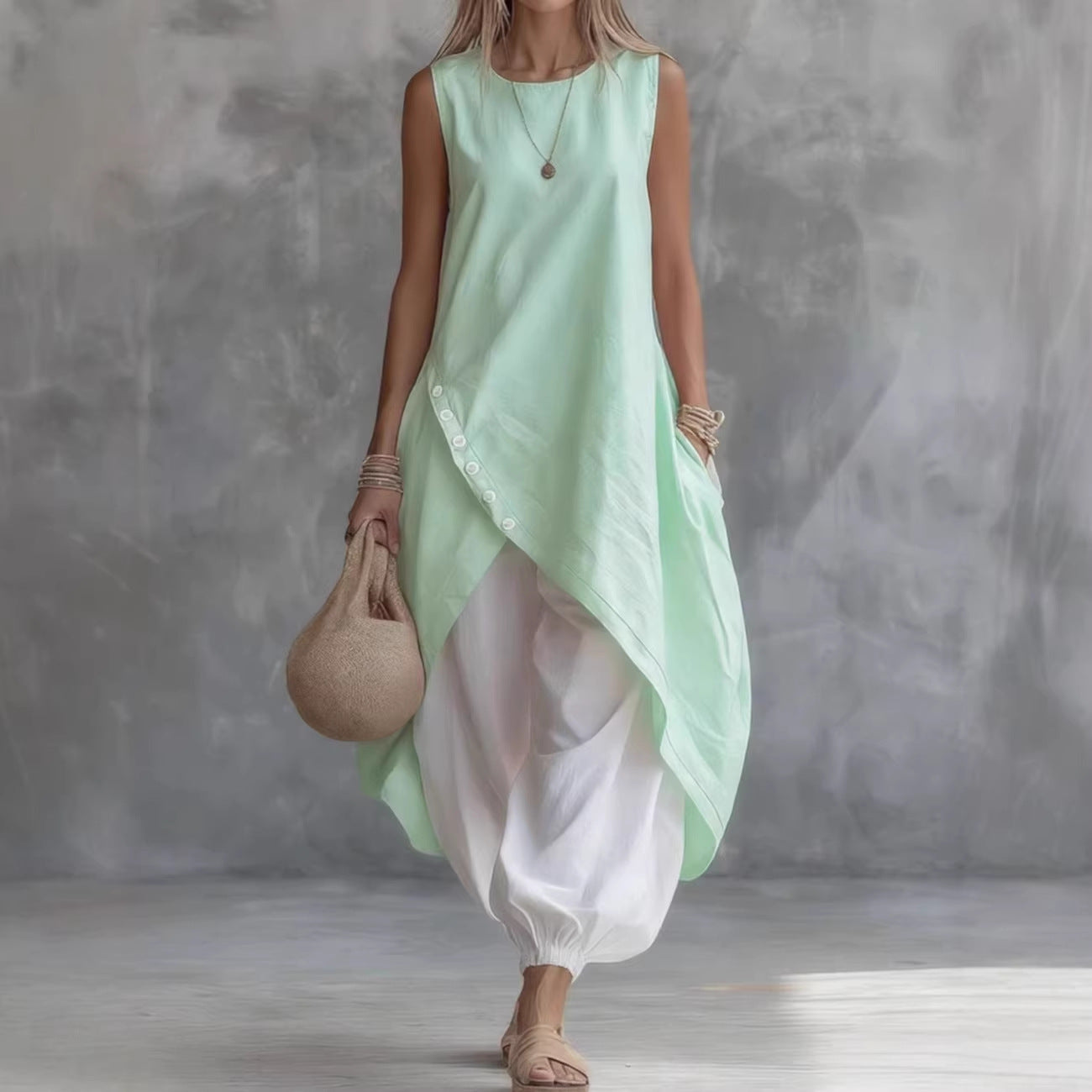 Solid Color Sleeveless Loose Pocket Midi Fashion Casual Suit