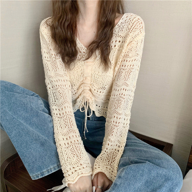 Women's Summer Hollow Korean Drawstring Temperamental Fashion Women's Sweater