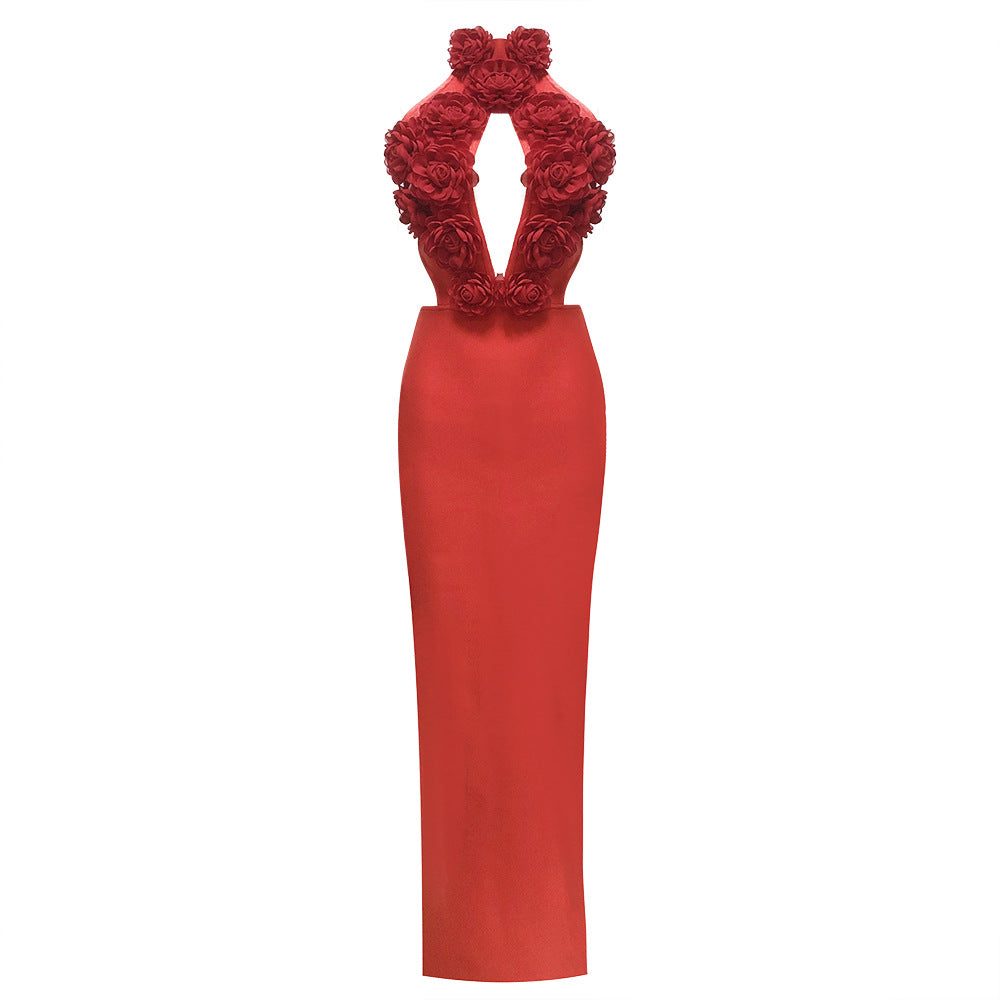 Elegant Bottoming Dress Backless Red Flower Dresses