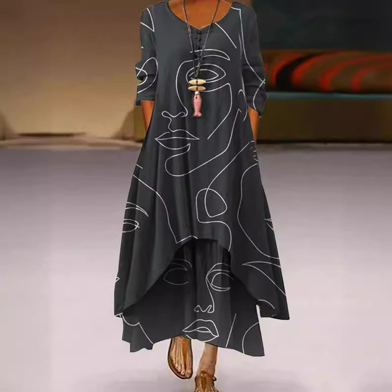 Women's Popular Printed Long-sleeved Hem Irregular Long Dress