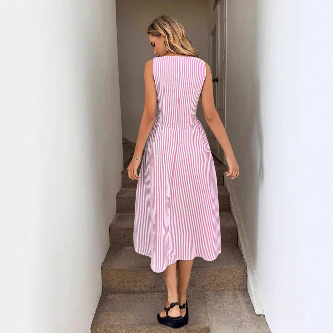 Cool Simple Round Neck Waist Trimming Slimming Temperament Dress