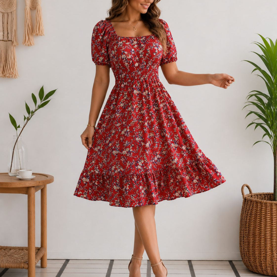 Collar Sleeve Smocking Waist Trimming Ruffles Shorts