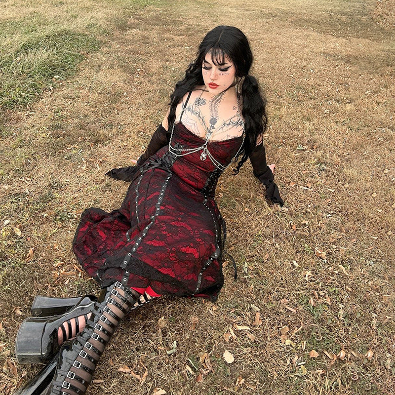 Lace Double Strap Dress Comfortable Dark Dresses