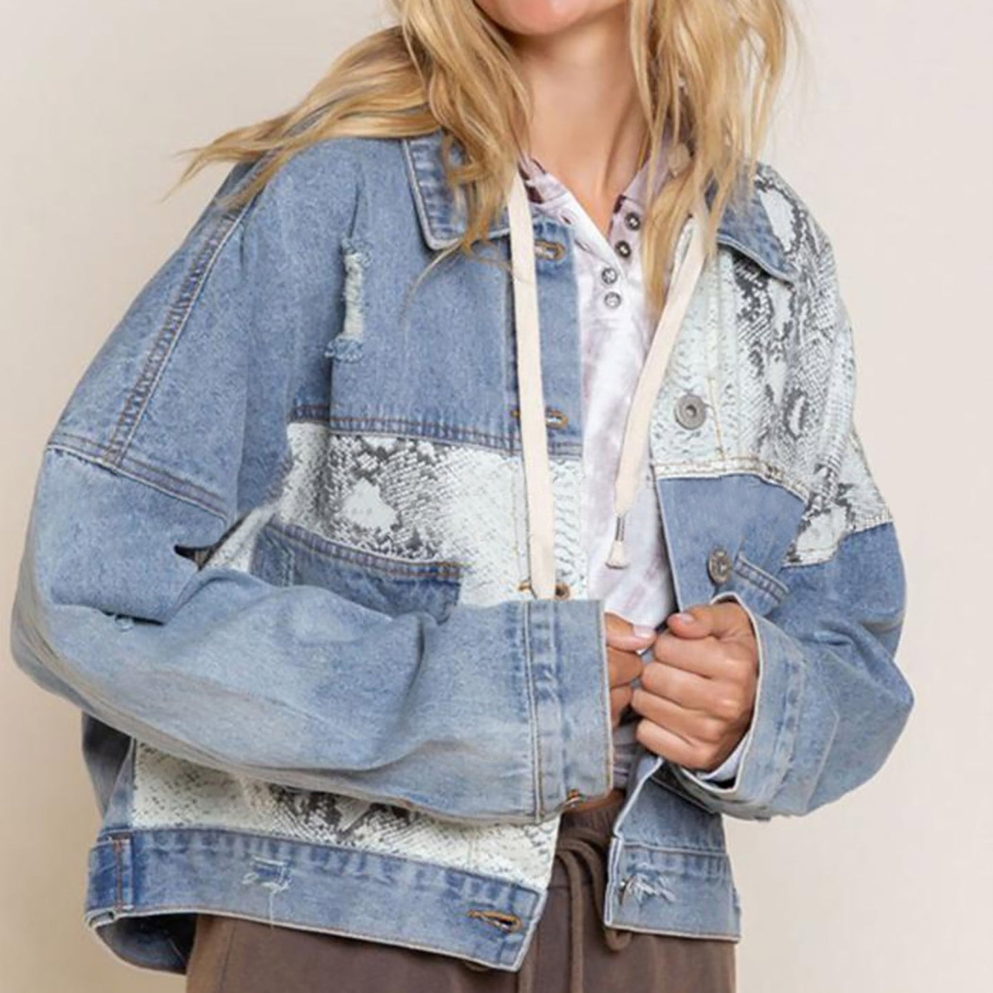 Leopard Print Fashion Stitching Ripped Denim Coats