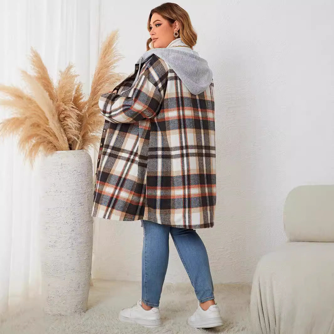 Women's Versatile Slouchy Plaid Hooded Mid-length Coats