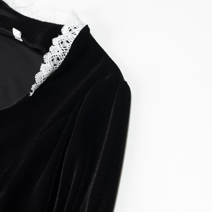Retro Cinched Black Dress Winter Long Skirts