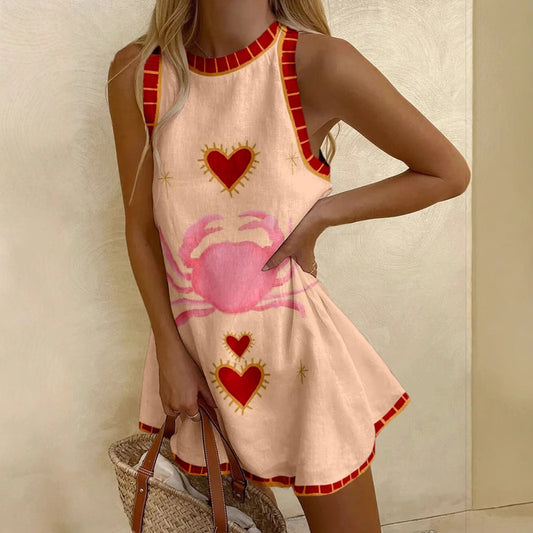 Women's Printed Linen Sleeveless Mini Dress Dresses