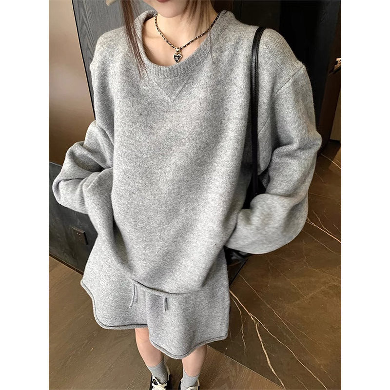 Women's Loose Idle Crew Neck Pullover Knitted Shorts