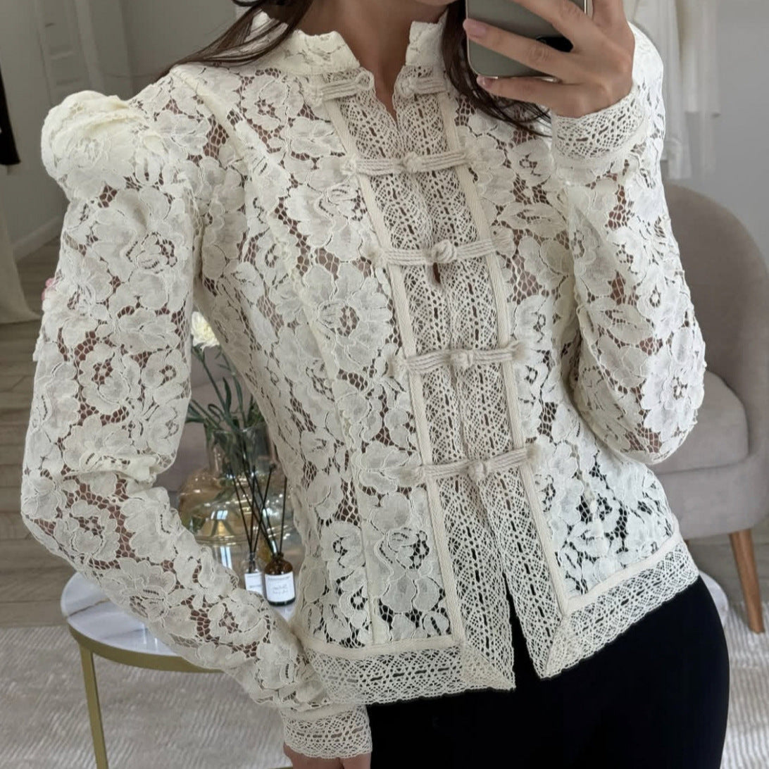 Women's Commute Lace Crochet Stand-up Collar Slim Blouses